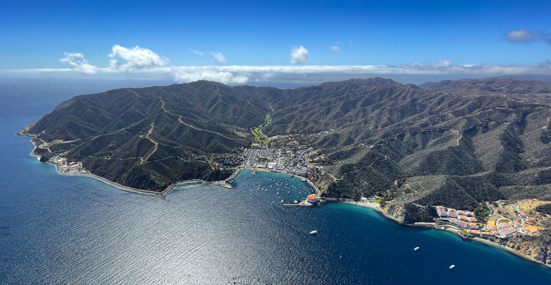 Enjoy a Catalina Island panorama, featuring aerial views of coastal splendor.