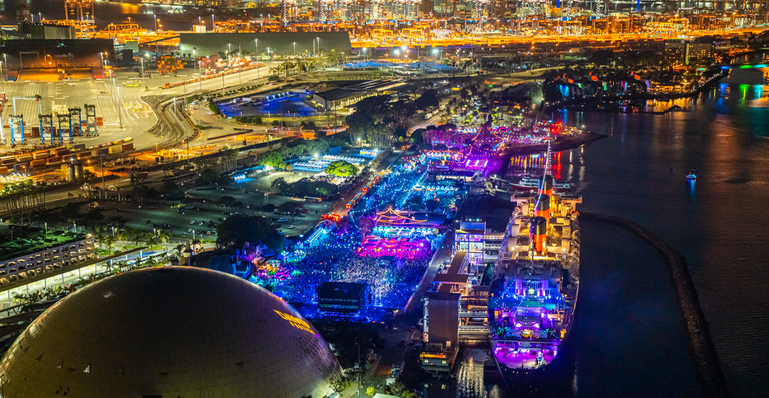 Scenic aerial view of the Queen Mary amidst Day Trip festival