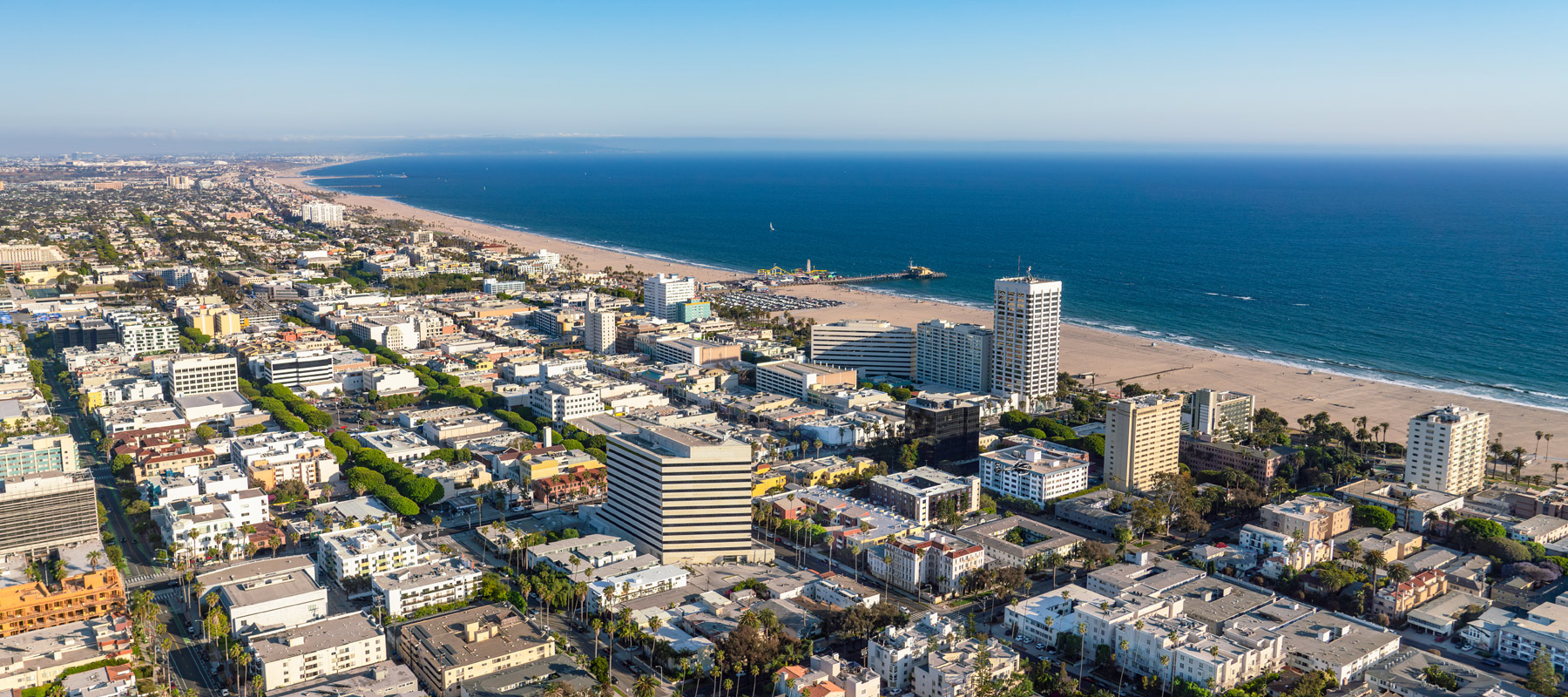 Aerial view of Santa Monica coastline and beach in California