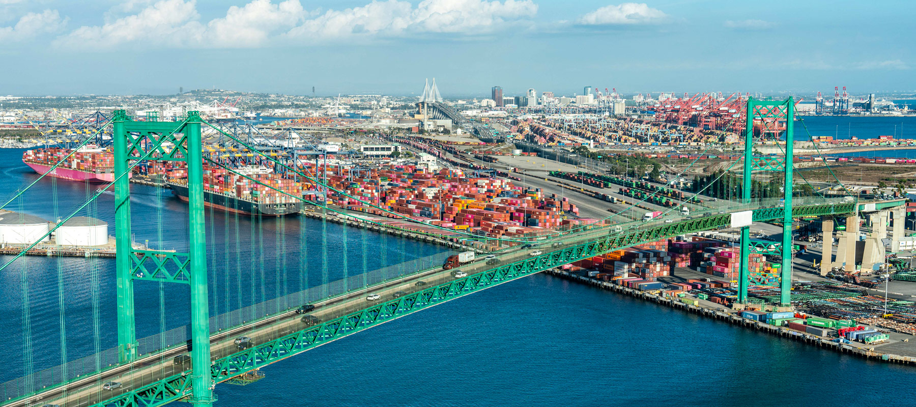 Vincent Thomas Bridge overlooking the Port of Long Beach, California