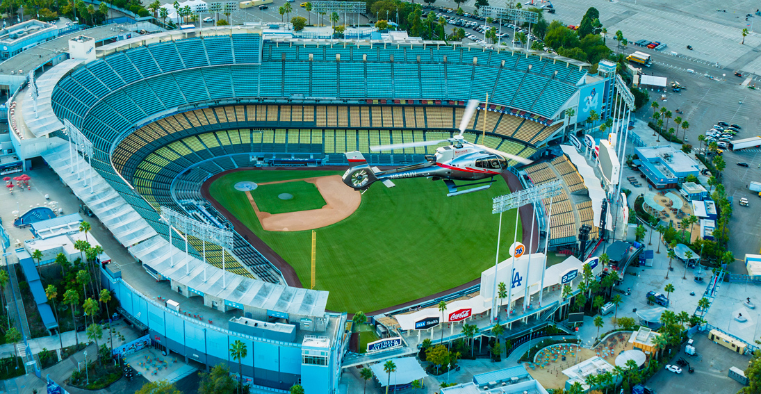 Witness Dodger Stadium's aerial panorama on a Maverick Helicopter tour over the mesmerizing LA skyline.
