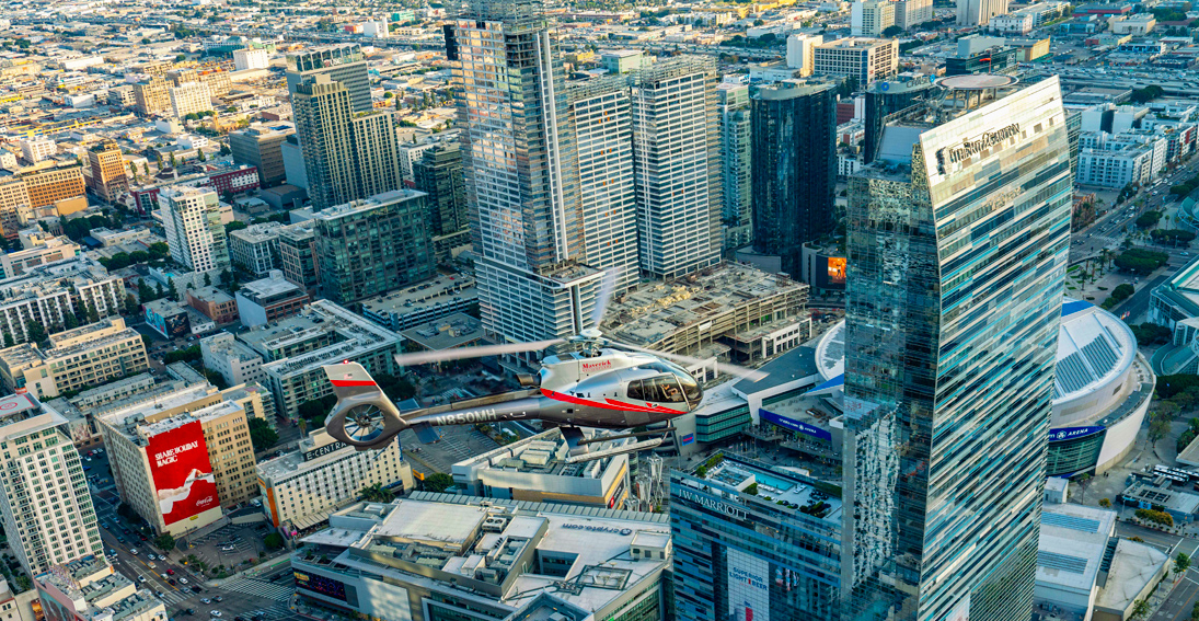 Discover Downtown Crypto Arena on an exciting Maverick helicopter flight.